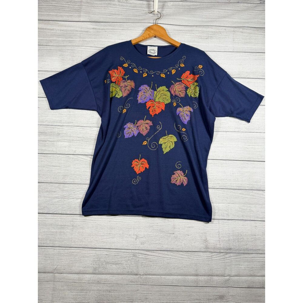 Vintage Sassy Sport Women’s XL Navy Fall Leaves Embellished T-Shirt 4193